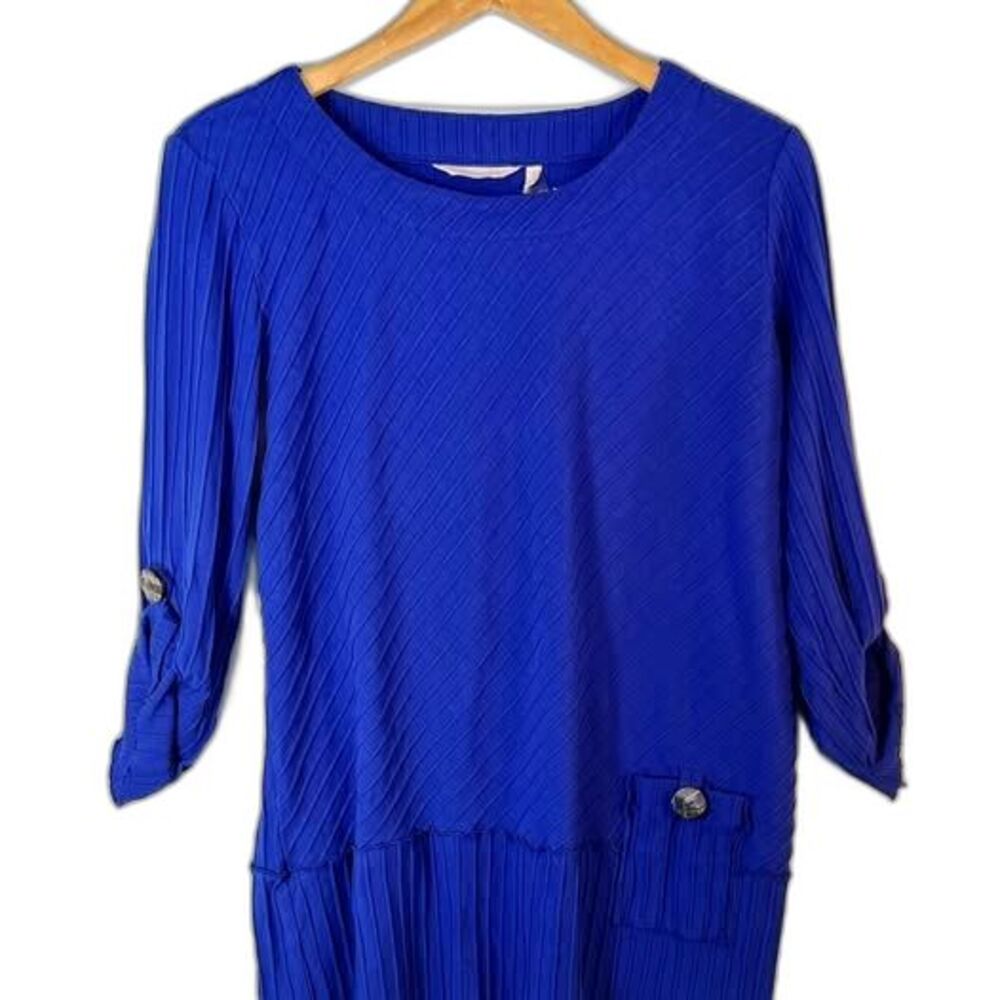 Blue Boat Neck Cotton Preppy Stripe Ruched Top Size L Soft Surroundings